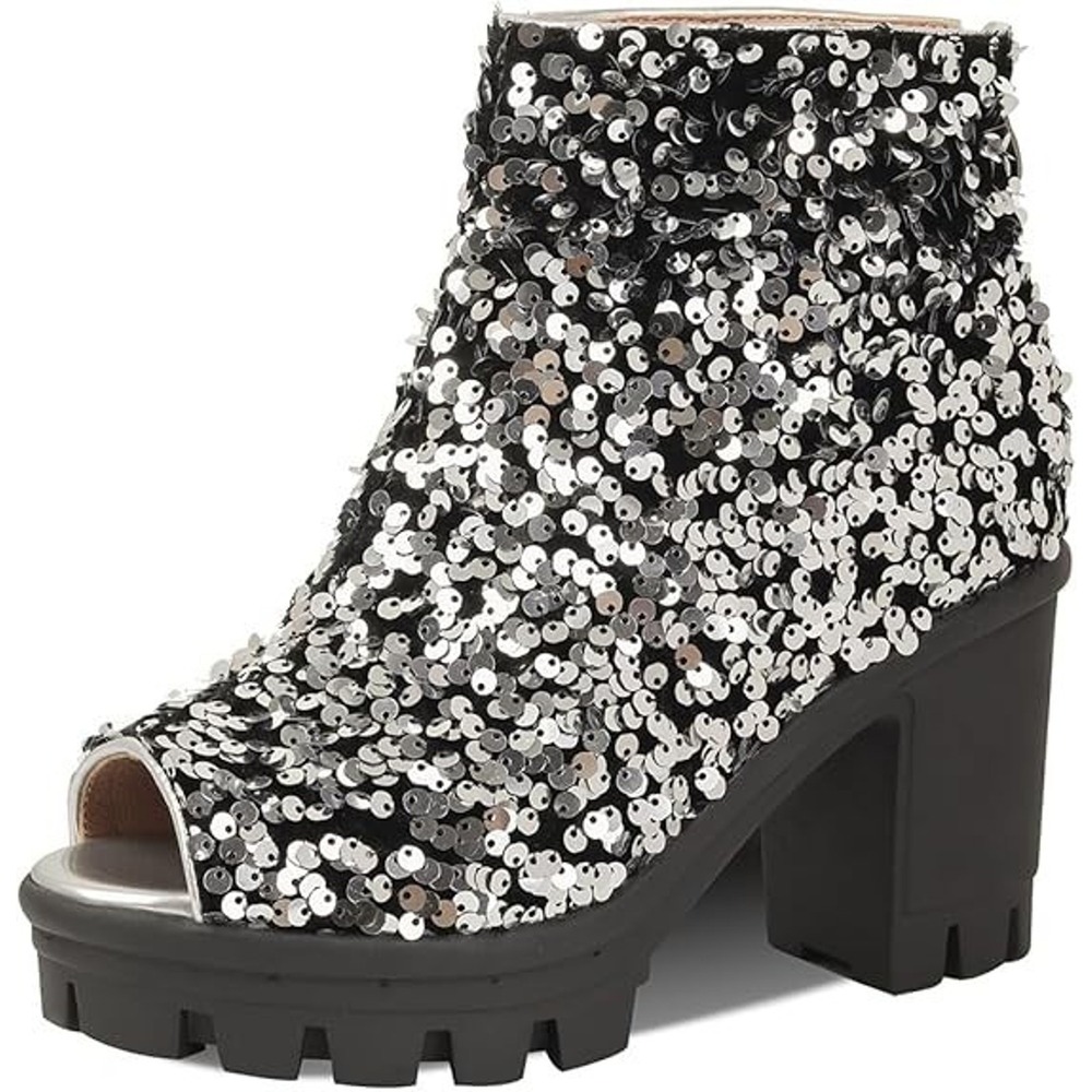 Silver Sequin Peep Toe Fairy Grunge Whimsigoth Sparkle Platform Lug Sole Boots 9